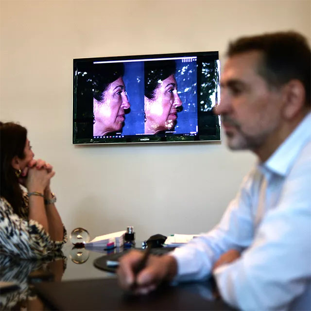 Le Dr Niforos en consultation avec une patiente réalise une simulation de rhinoplastie sur un logiciel